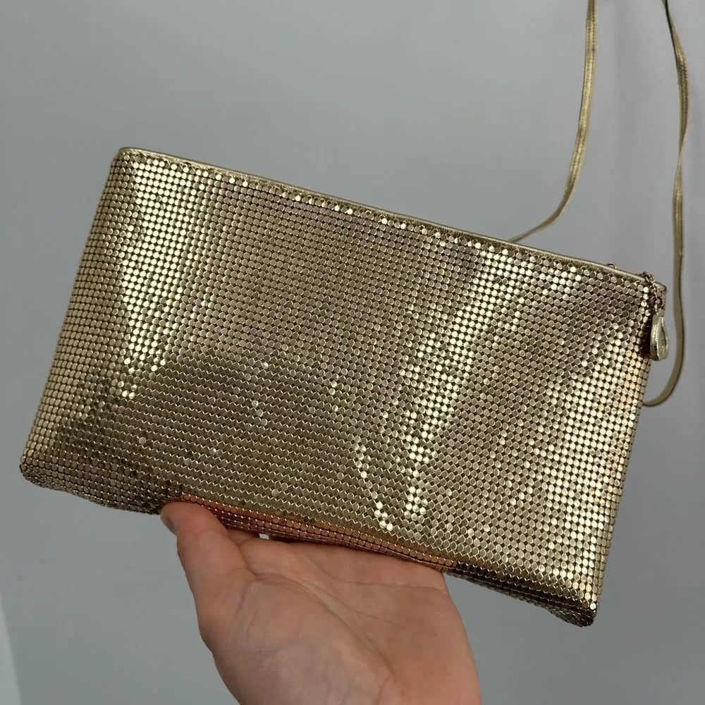 Whiting & David Gold Chain Mail & Leather Shoulder Bag Clutch Evening Bag